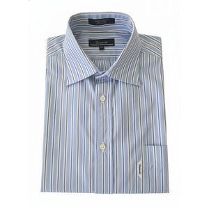 Faconnable Dress Shirt 4/16 L Blue Brown Stripe 100% Cotton Made in USA Luxury